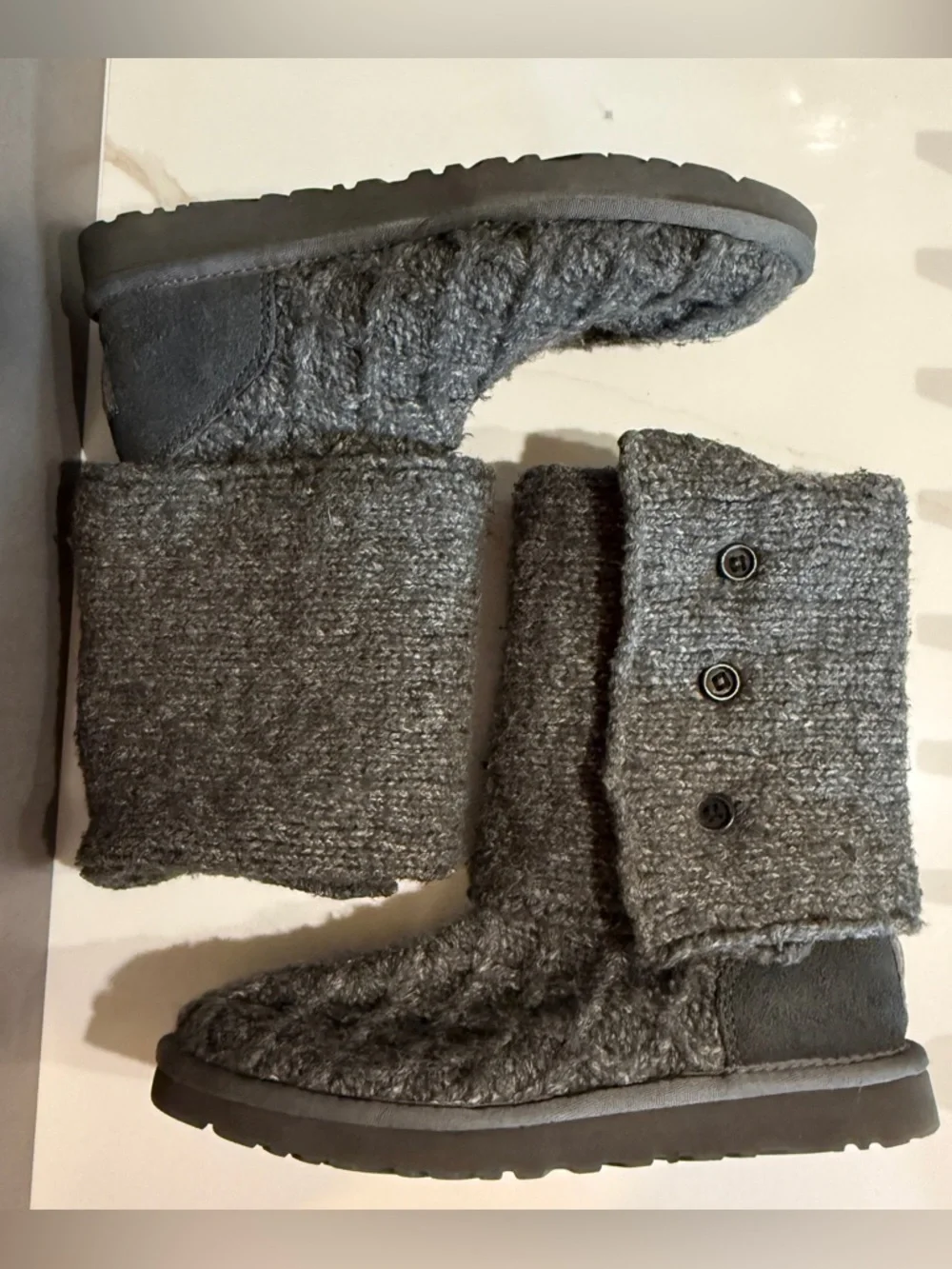 UGG Australia Women’s Grey Knit Mid-Calf High Ugg Boots, Sweater Cardigan Knit
